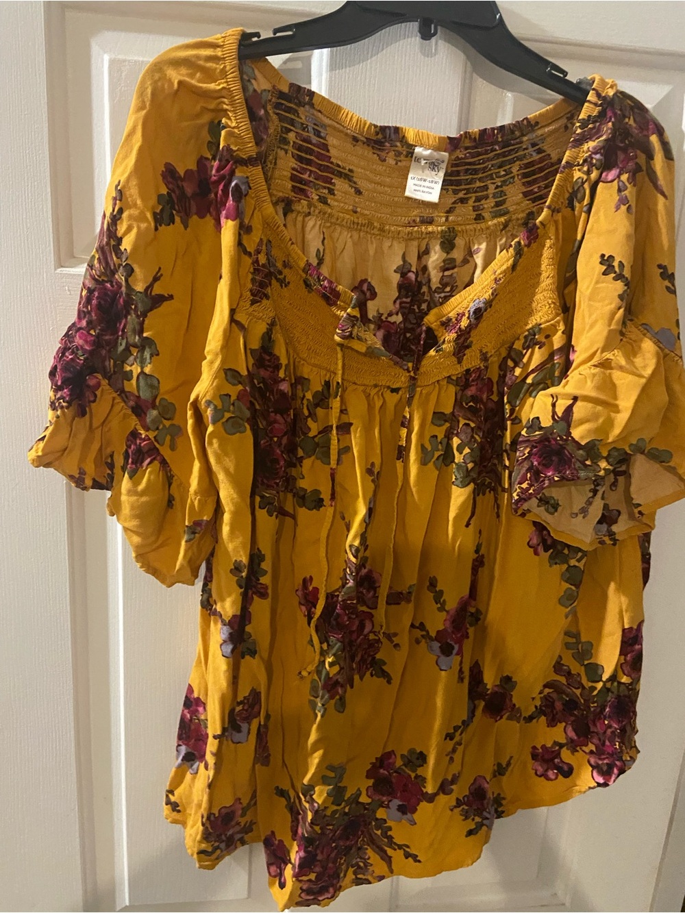 1X Boho Floral Mustard Peasant Tunic - Short Puff Sleeve